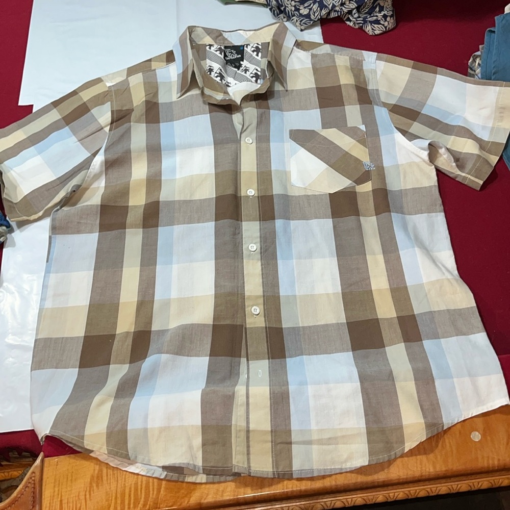 Gotcha PLAID Shirt TAN BLUE BEIGE Button up Short Sleeve Casual Y2K 90s mens XL